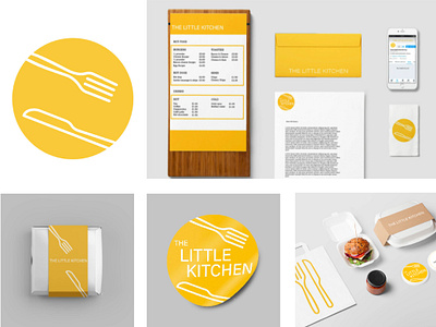 The Little Kitchen bold branding brand identity branding food branding graphic design icon iconic logo design menu design minimal branding roundel logo sans serif yellow yellow branding yellow logo