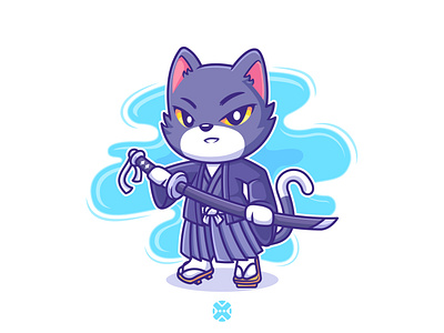 Cat Katana 😼🔵 animal cartoon cat character character design cute design flat illustration japan japanese katana kimono kitten kitty line logo mascot pet water