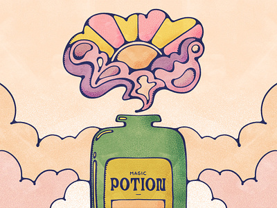 Magic Potion 70s drink flat illustration graphic illustration green bottle groovy art illustration john alcorn livelyscout magic nature potion procreate psychedelic retro stipple sun texture vintage illustration