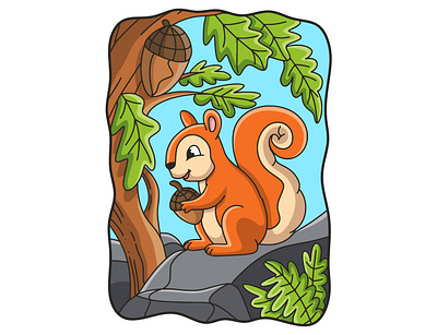 Cartoon illustration squirrel eating on a big rock fluffy mascot