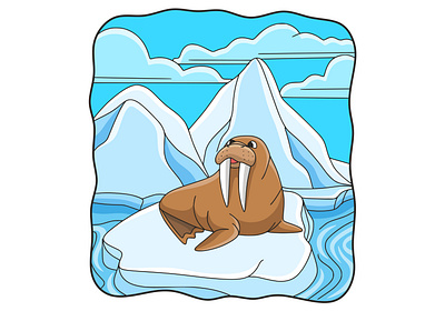 Cartoon illustration the seal is on the ice happy