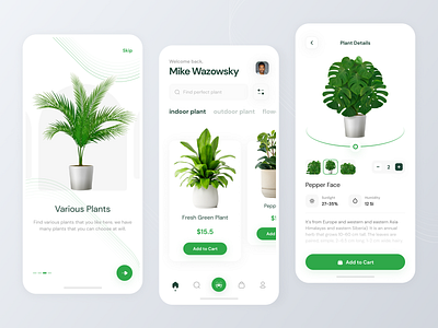 Plant Shop Mobile App buy cart clean ecommerce flower fresh garden gardens green indoor mobile nature plant plants product shop ui ui design uiux ux