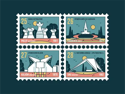 Stamp set No.17 badge branding brush building design icon set illustration location mail memorial monument nature old outdoor outside postage postmark sfrj vector yugoslavia