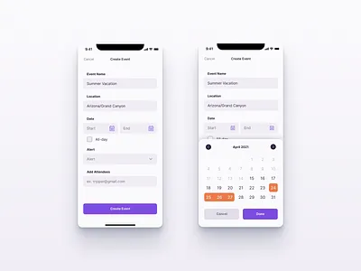 Event Creation calendar calendar picker event event planning form form fields interface mobile planning product product design ui uiux