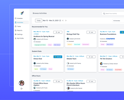 Activity marketplace - EdTech SAAS app booking catalogue clean ui components edtech education education app events saas saas app saas ui saas ux scheduling ui ui design ux ux design web web app