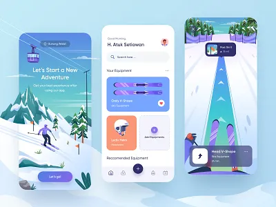 Ski Rental Mobile Design π app booking character equipment gradient helm icon illustration mobile mount orely ski snow snowboard ui design ux design virtual virtual reality