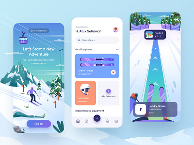 Ski Rental Mobile Design 👌 app booking character equipment gradient helm icon illustration mobile mount orely ski snow snowboard ui design ux design virtual virtual reality