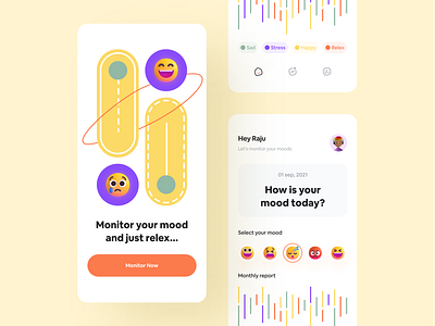 Mood Monitoring application clean concept app health app ui minimal minimalist mobile app mobile ui mood mood app mood monitoring mood tracker popular design popular shot relexing stress relife ui design uiux design uiux inspiration