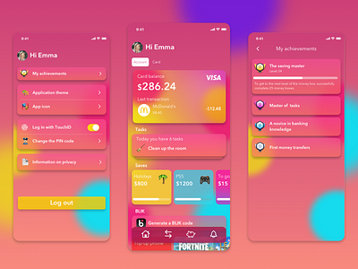 Advantica Kids | Banking app app bank bank app banking banking app card children children bank cloud design finance finances financial financial app fintech kids mobile app design pink settings ui