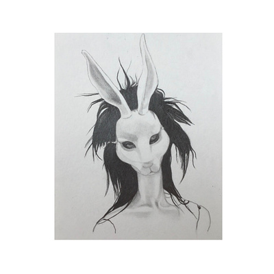 White rabbit mask artwork character doll eyes fairytale fantasy illustration pencil graphic portrait rabbit mask weird