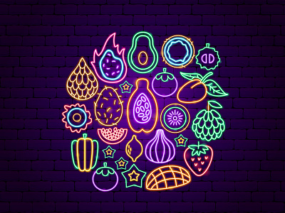 Tropical Fruit Neon design dragon fruit exotic fruit icon illustration nature neon papaya tropical vector vegan