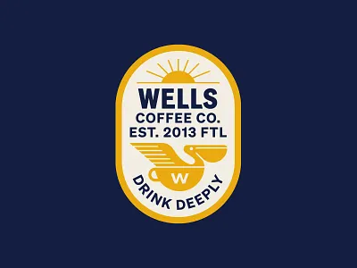 Wells Coffee badge bird branding coffee coffee branding florida hat illustration lockup logo modern patch pelican typography