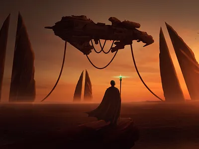 Epic Fantasy Sci Fi Ship in Desert graphic design