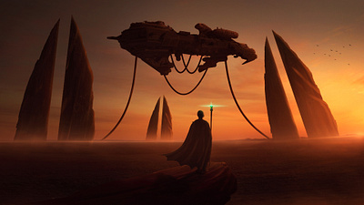 Epic Fantasy Sci Fi Ship in Desert graphic design