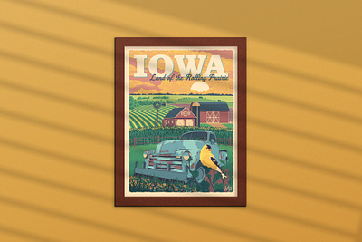 Iowa Sunset (Land of the Rolling Prairie) Poster americana barn design evening farm gold finch illustration iowa poster prairie rural summer sunset truck vector vintage