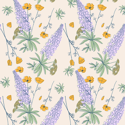 California Wildflower Pattern california california wildflowers lupin flowers poppy flowers seamless pattern yarrow flowers