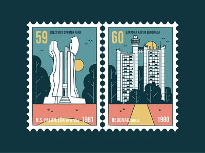 Stamp set No.24 badge branding brush building design icon set illustration location mail memorial monumnet nature old outdoor outside postage sfrj vector yugoslavia