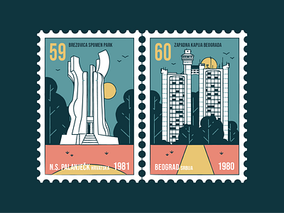 Stamp set No.24 badge branding brush building design icon set illustration location mail memorial monumnet nature old outdoor outside postage sfrj vector yugoslavia