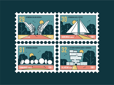 Stamp set No.30 badge branding brush building design icon set illustration location mail memorial monument nature old outdoor outside postage sfrj vector yugoslavia