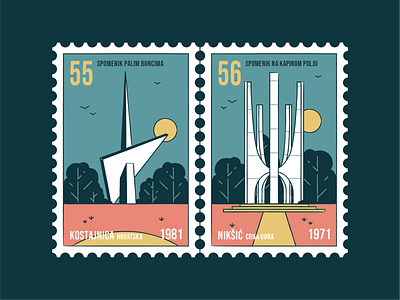 Stamp set No.28 badge branding brush building design icon set illustration location mail memorial monument nature old outdoor outside postage sfrj vector yugoslavia