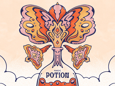 Magic Potion No.2 70s birds bottle colorful design flat illustration groovy illustration john alcorn magic nature potion procreate psychedelic remedy retro stipple vintage illustration