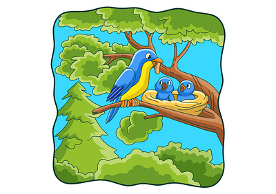 Cartoon illustration Birds bring food and perch on trees white
