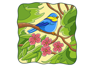 Cartoon illustration bird on the tree white