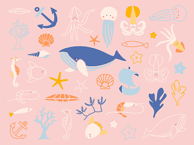 Cute Sea World Sticker Kit adobe adorable cute illustration cute sticker design digital sticker doodle fish freebie graphic design illustration illustrator kit marine life ocean pack sea world sticker underwater vector