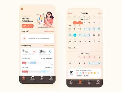 Period Tracker: Monthly Cycles app design illustration monthly cycles period tracker tab ui ux 体重 健康 周期 女性 日历 橘色 症状 红色 行程 记录 身体