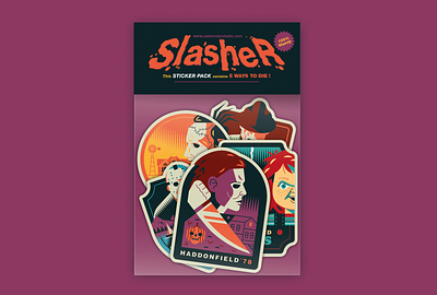 Slasher sticker pack badge design chainsaw childs play chucky design freddy krueger friday the 13th graphic design halloween horror horror movies illustration jason leatherface michael myers nightmare on elm street slasher stickers texas vector