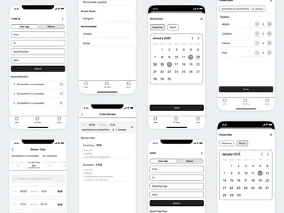 Train Ticket Booking App Wireframe app booking bus booking clean design ios mobile ticket booking ticket sales train booking ui ux wireframe wireframes