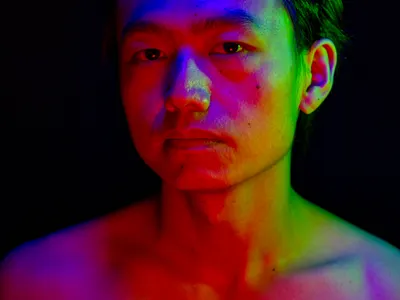 A colorful portrait illuminated by RGB tricolor light 3d 3d art additive color additivecolor cg colorful computer graphics computergraphics digital art led night club oled portrait posterized projection projector render rendering rgb rgblights