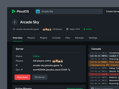 Manage your server admistrator console dark darkmode dashboard game gaming hoster hosting manage players server ui user interface