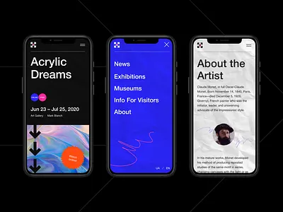 Responsive UI for Art Gallery website art art gallery burger menu dark ui design header interface menu mobile responsive design swiss design swiss style ui ui ux uidesign web webdesign