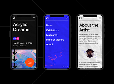 Responsive UI for Art Gallery website art art gallery burger menu dark ui design header interface menu mobile responsive design swiss design swiss style ui ui ux uidesign web webdesign