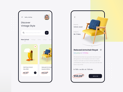 Vintage Furniture - Mobile App Concept app design architect armchair chair furniture interior interior store lamp minimalist mobile app design mobile design mobile ui sofa store ui ui design ux vintage