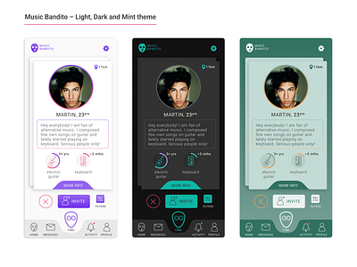 Music Bandito – Light, Dark and Mint Theme app bandito branding design graphic design illustration logo minimal music ui ux vector website