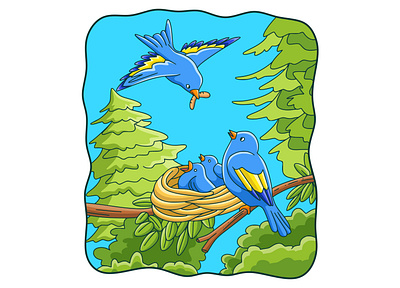 Cartoon illustration Birds bring food to their nests white