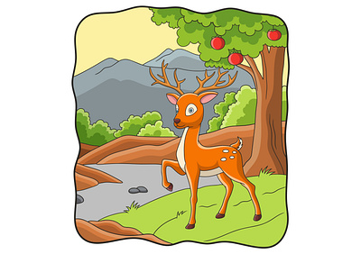 Cartoon illustration deer walking under the forest tree drawing