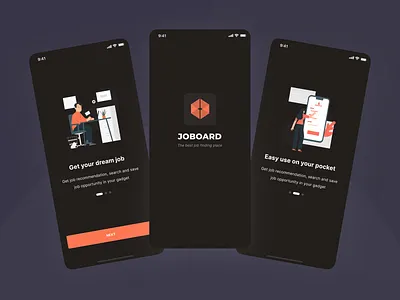Joboard - Onboarding, Splash (Dark Mode) app dark mode employee employer hiring hiring platform illustration ios ios app job job board job listing minimal mobile app mobile design onboarding ui ui kit ux vacancy