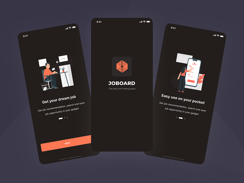 Joboard - Onboarding, Splash (Dark Mode) app dark mode employee employer hiring hiring platform illustration ios ios app job job board job listing minimal mobile app mobile design onboarding ui ui kit ux vacancy