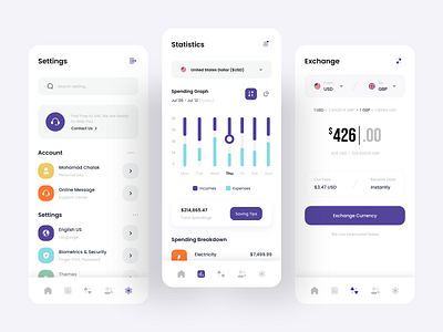 Finance - Wallet & Bank App adobexd analytics bankapp branding clean colors currency exchange finance financeapp mobileapp new popular settings spendings statistics transfer uidesign uiux walletapp