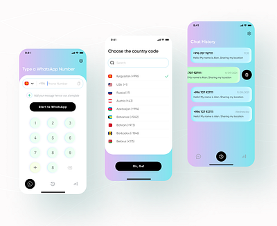 Chat Direct Mobile App: Send message without saving phone # 📲 app design card design gradient graphic design mobile app design mobile ui typography ui