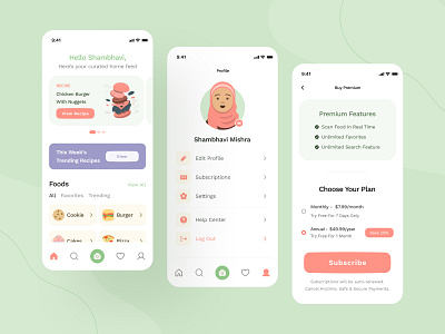 Nutrition App Screens diet food app healthy app home screen nutrition app pricing profile recipe app salmanwap subscription ui design user profile