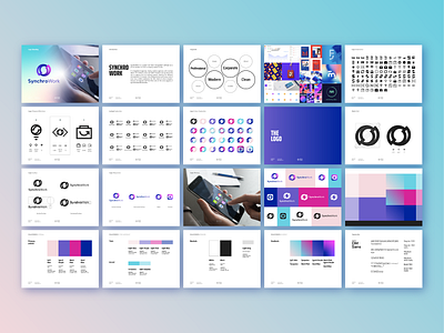 Brand guide & brand design for SynchroWork, a SAAS tech startup brand design brand guide branding colourful design gradient graphic design logo logo design monogram pink purple s startup branding technology branding visual identity