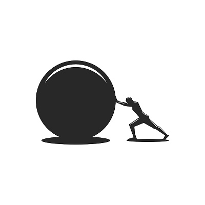 Greek mythology Sisyphus aim athlete ball stone black and white branding concept design goal graphic design greek myth greek mythology illustration logo design man minimal motivation myth push sisyphus vector