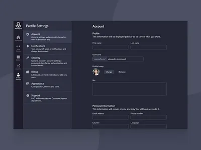 Web App Settings branding concept dark dark mode dashboard design desktop settings ui web