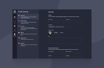 Web App Settings branding concept dark dark mode dashboard design desktop settings ui web