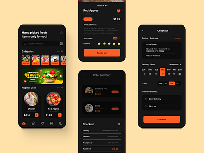 Grocery App Dark Version apps branding business dark design grocery illustration interaction logo shop trend ui ux