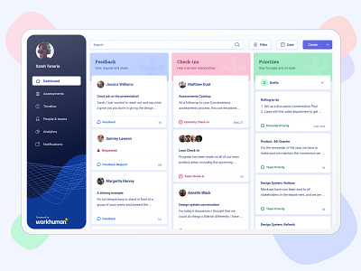 Conversations Dashboard accessibility card colorful conversations create button dashboard design filters interface layout menu natural organic rebrand sidebar swimlanes ui ux workhuman